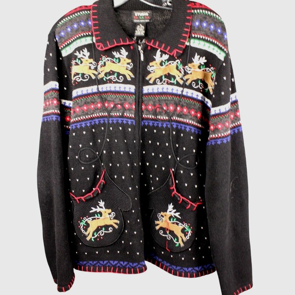 VTG Sweater Reindeer‎ Mitten Pockets Geometric Christmas Full Zip Womens XL
